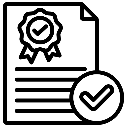 Icon of a certificate with a checkmark and ribbon badge symbolising warranty or guarantee.