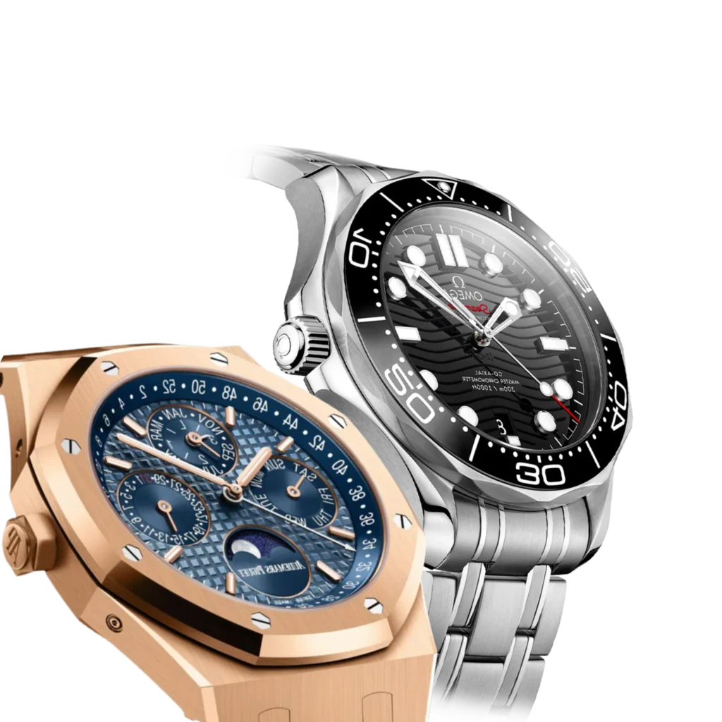 Luxury rose gold Audemars Piguet and stainless steel Omega watch on transparent background.