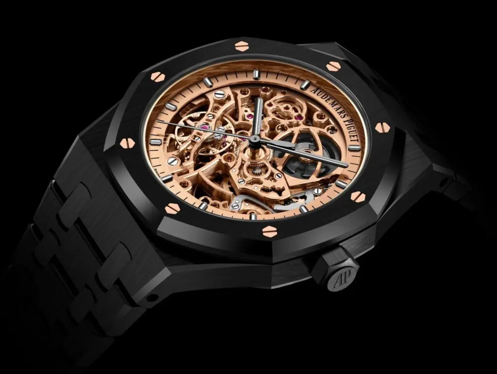 Audemars Piguet Royal Oak Skeleton watch showing its open-worked rose-gold movement and stainless-steel bracelet.