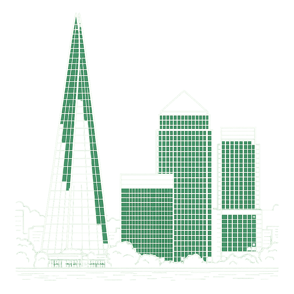 Illustration of The Shard and Canary Wharf skyline, where Ross Watch Repairs branches are located.