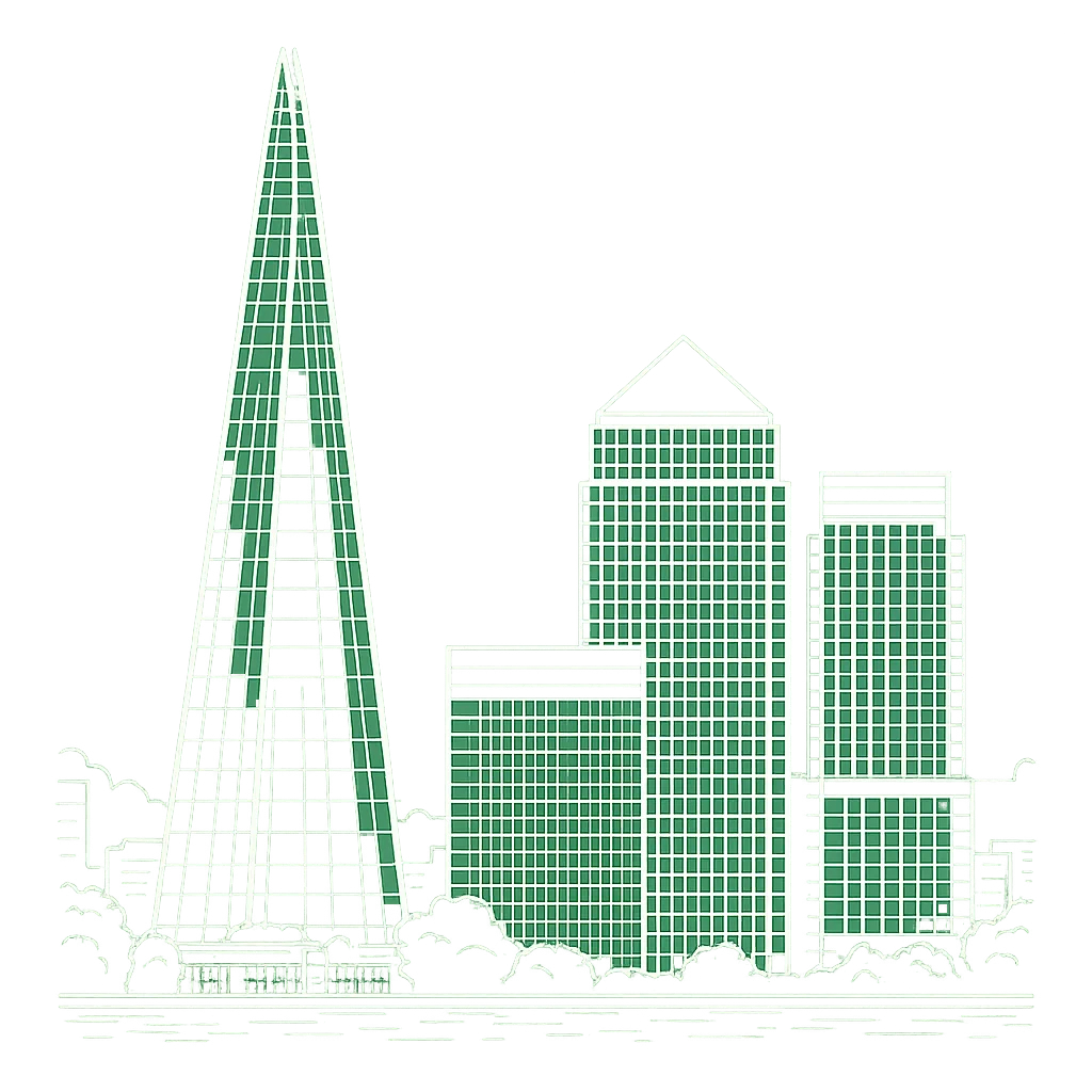Illustration of The Shard and Canary Wharf skyline, where Ross Watch Repairs branches are located.