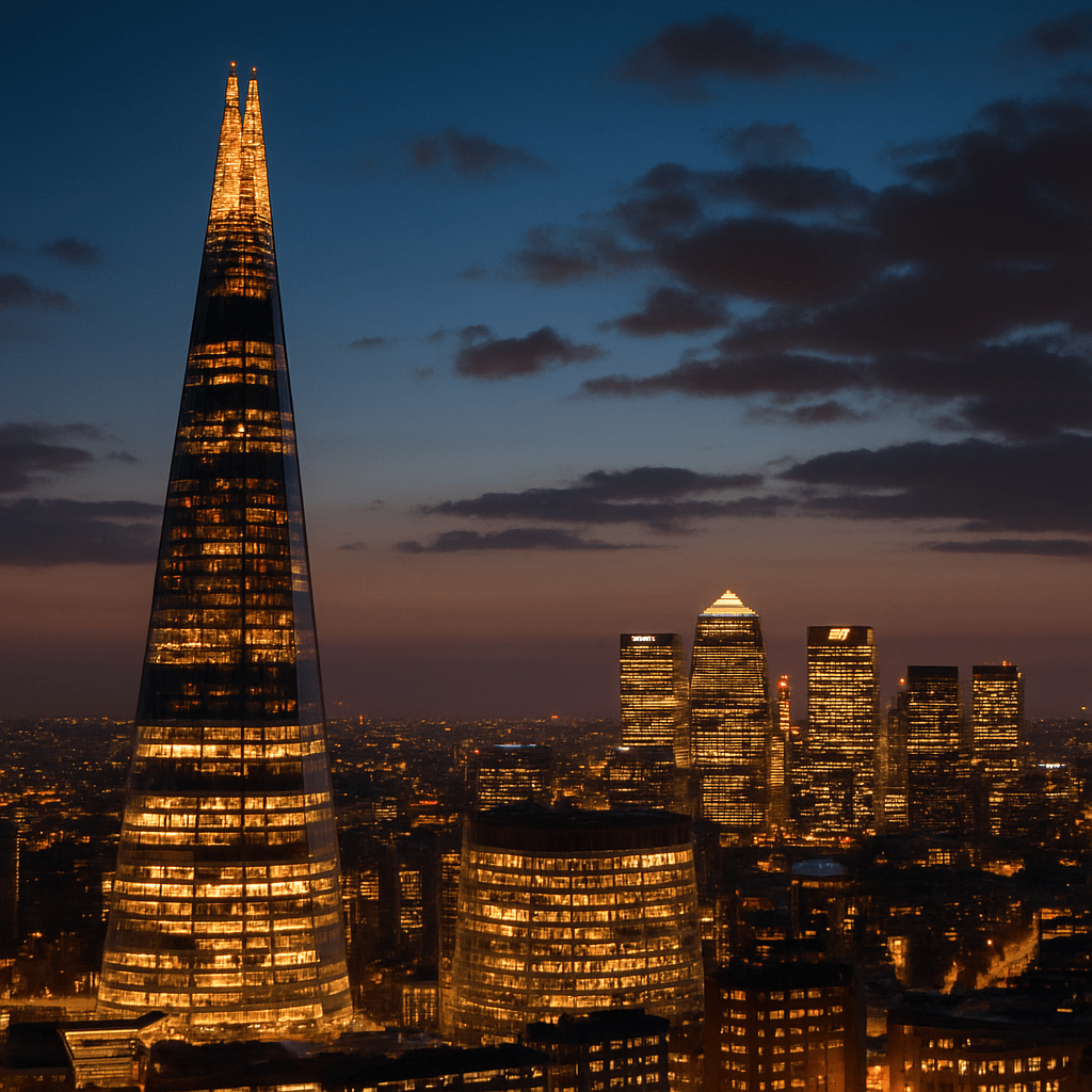 Night view of The Shard and Canary Wharf skyline in London, both brightly illuminated.