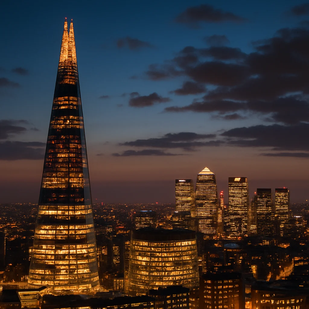 Night view of The Shard and Canary Wharf skyline in London, both brightly illuminated.
