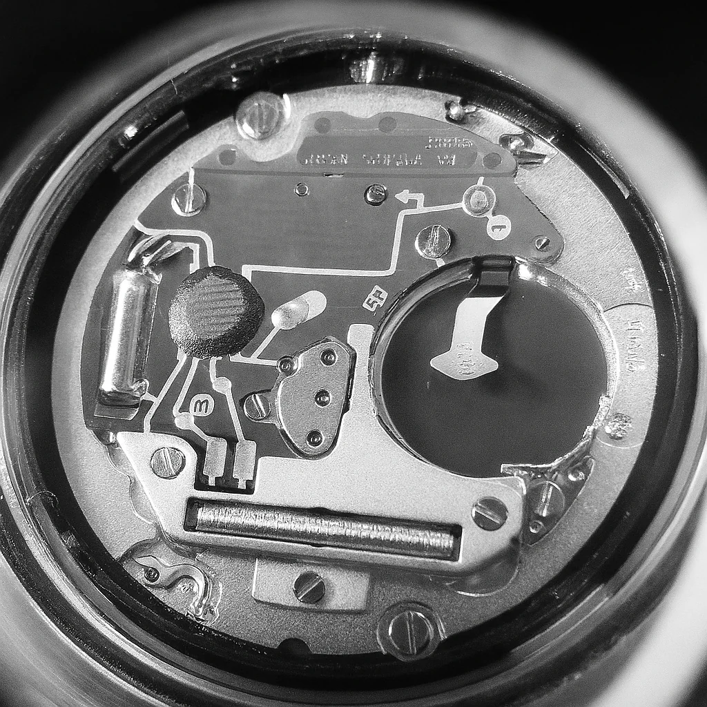 Close-up black and white image of a quartz watch movement showing battery and circuit components.