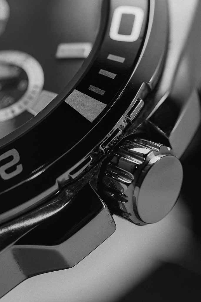 Black-and-white macro photo showing a detailed view of a luxury watch crown, ideal for illustrating watch crown replacement services.
