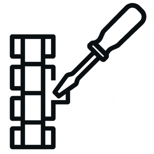 Black-and-white icon of a watch bracelet with a screwdriver prying a link, representing link adjustments & resizing.