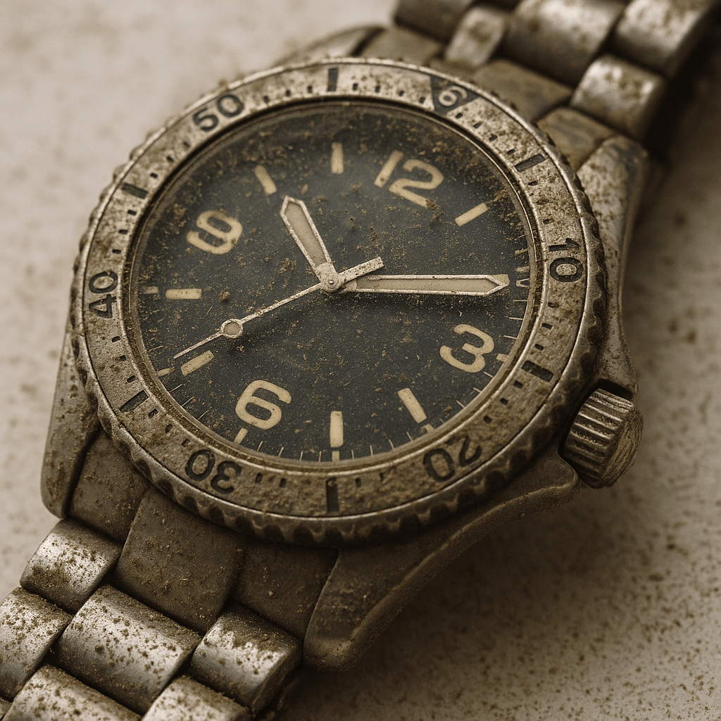 Dirty stainless steel watch with grime on the glass and bracelet, ideal for ultrasonic watch cleaning & polishing demonstration.