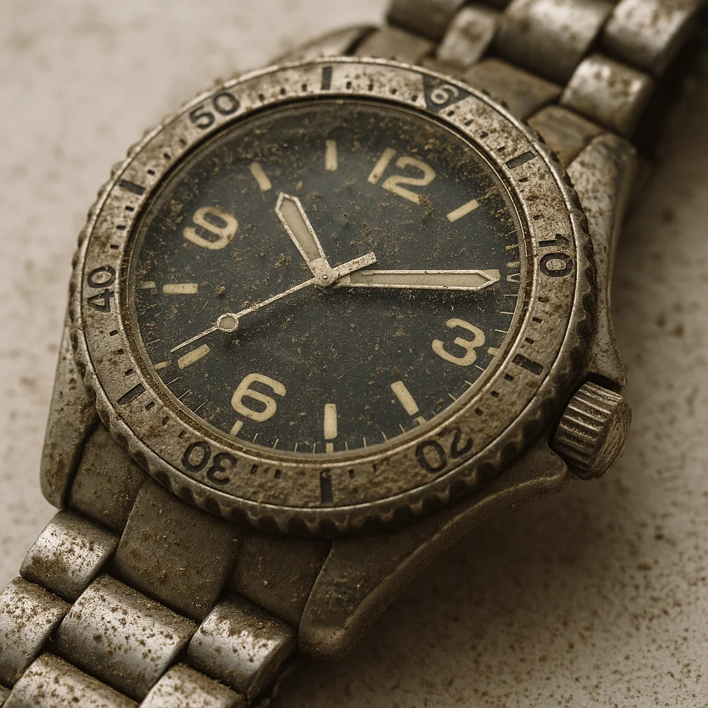 Dirty stainless steel watch with grime on the glass and bracelet, ideal for ultrasonic watch cleaning & polishing demonstration.