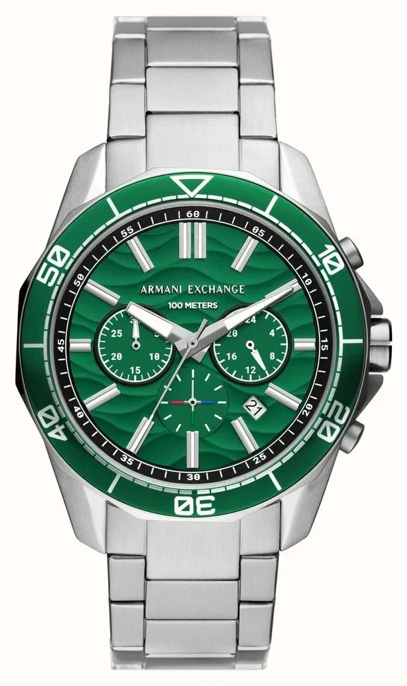Green Armani Exchange chronograph watch with stainless steel bracelet, used to promote Armani Exchange watch repair services.