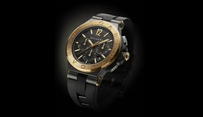 Bulgari watch repairs in London – black and gold dial watch on strap close-up