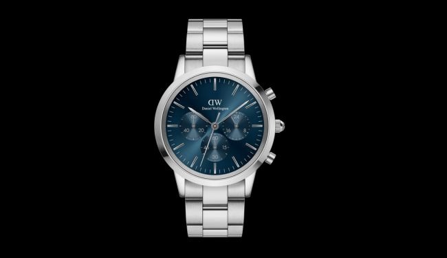 Daniel Wellington chronograph watch with blue dial and stainless steel bracelet on black background