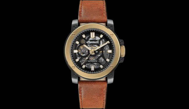 Ingersoll-style skeleton watch with brown leather strap on dark background – Ingersoll watch repair
