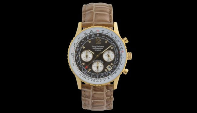 Krug Baumen-style chronograph watch with tan leather strap on dark background – krug bauman watch repair