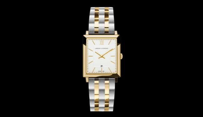 Larsson & Jennings-style rectangular watch with two-tone metal bracelet on dark background – larsson jennings watch repairs