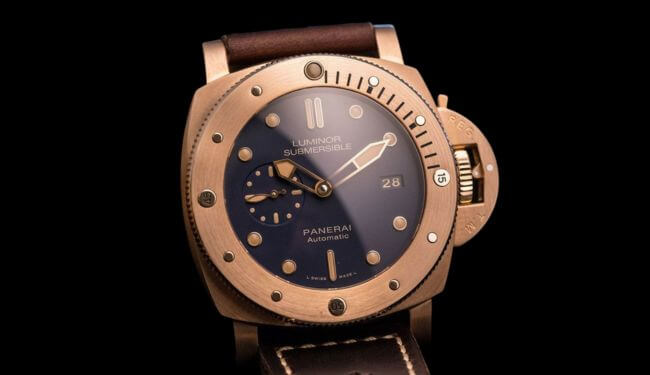Panerai watch repairs – rose gold-tone Panerai watch with dark dial on leather strap