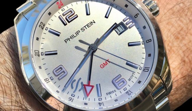 Philip Stein watch repairs – silver dial watch with date window on stainless steel case