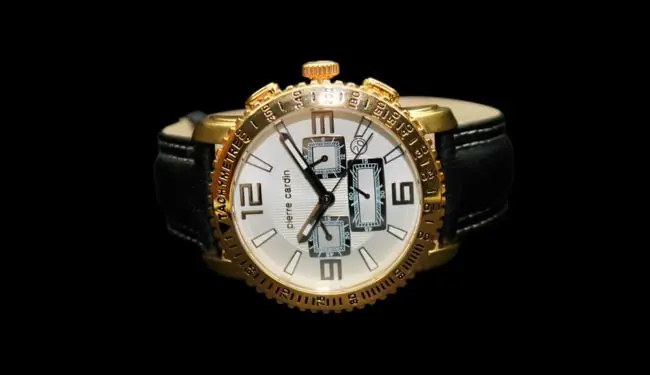 Pierre Cardin watch repairs – gold-tone chronograph watch with black leather strap