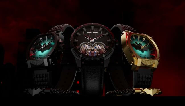 Police watch repairs – three Police watches on display with dark background