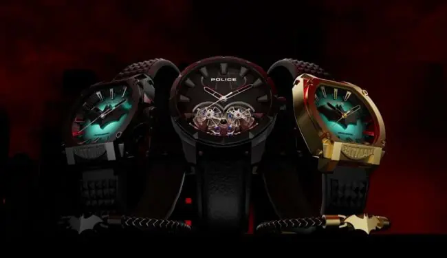 Police watch repairs – three Police watches on display with dark background
