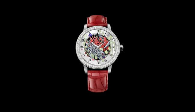 Quinting watch repairs – silver Quinting watch with red leather strap and skeleton dial