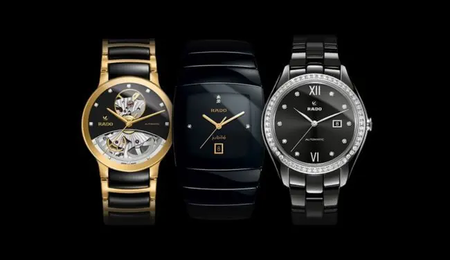 Rado watch repairs – collection of three Rado watches on dark background