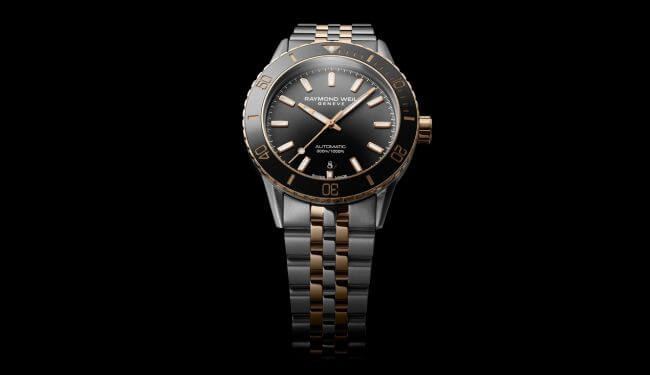 Raymond Weil watch repairs – two-tone bracelet watch with black dial