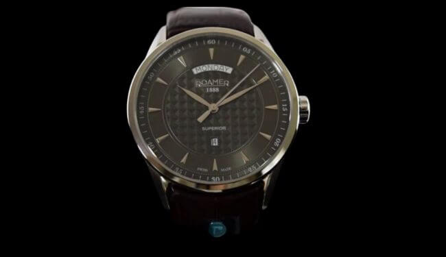 Roamer watch repairs – black dial Roamer watch with leather strap