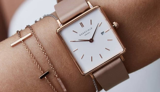 Rosefield watch repairs – square Rosefield watch with rose gold case and nude strap