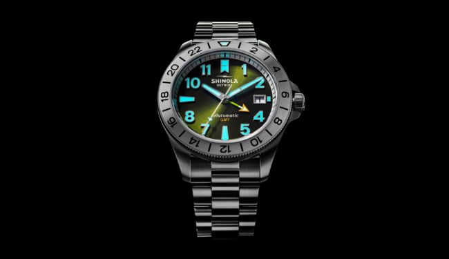 Shinola watch repairs – stainless steel Shinola watch with green dial on metal bracelet