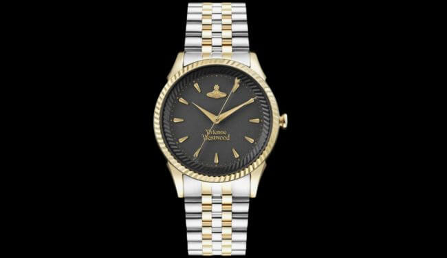 Vivienne Westwood two-tone bracelet watch with black dial for Vivienne Westwood watch repairs.