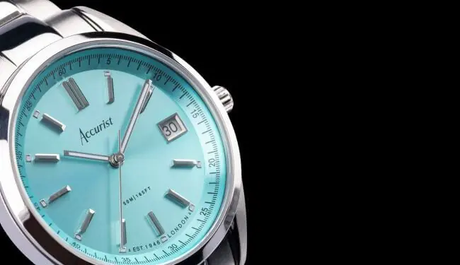 Accurist watch repairs in London – light blue dial watch close-up