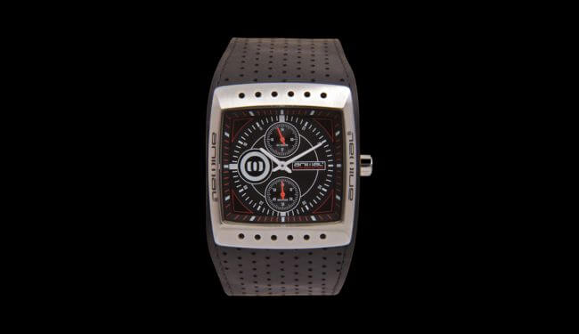 Animal watch repairs in London – square chronograph watch on dark background