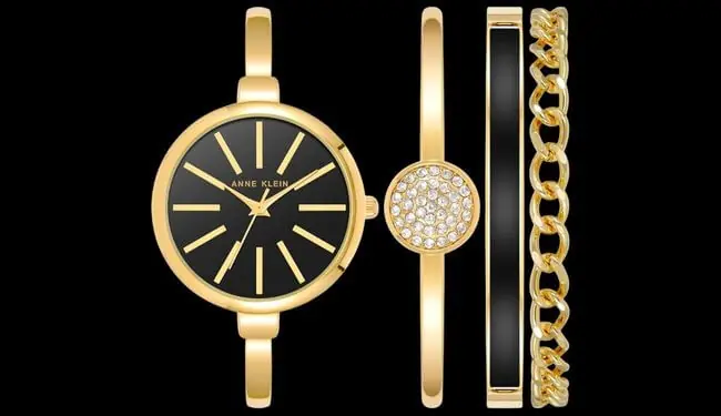 Anne Klein watch repairs in London – black dial watch with gold chain