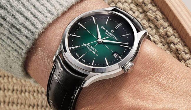 Baume & Mercier watch repairs in London – green dial watch on wrist