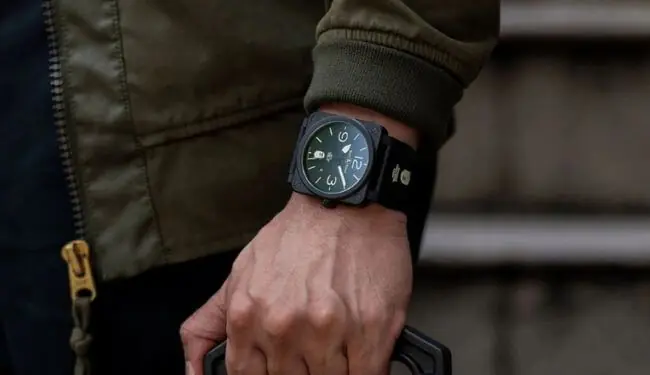 Bell & Ross watch repairs in London – watch on wrist close-up