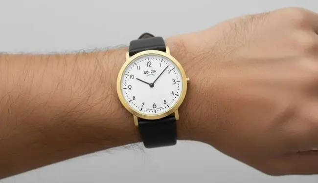 Boccia watch repairs in London – watch on wrist with black strap