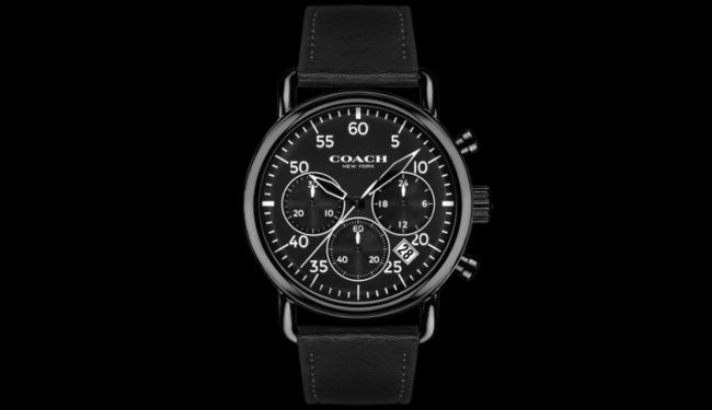 Black Coach chronograph watch with sub-dials on a black strap