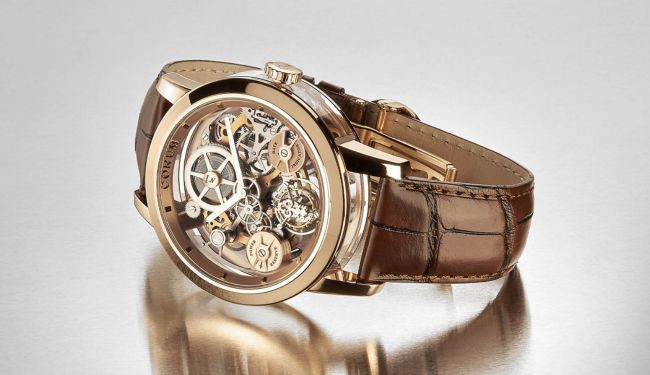 Rose-gold Corum skeleton watch on brown leather strap