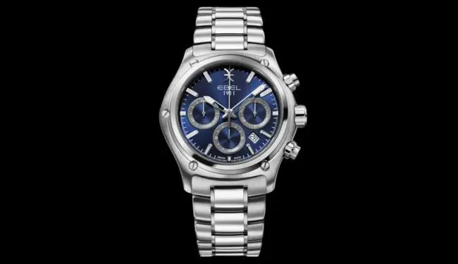 EBEL chronograph watch with a blue dial on a stainless steel bracelet against a black background