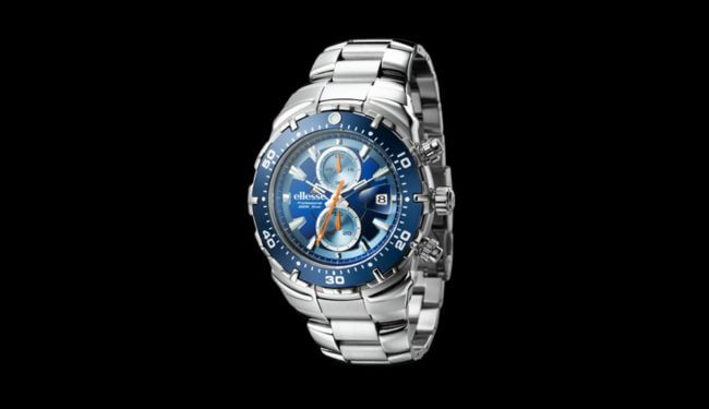 Ellesse watch with a blue chronograph-style dial on a stainless steel bracelet against a black background