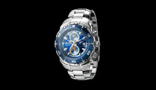 Ellesse watch with a blue chronograph-style dial on a stainless steel bracelet against a black background