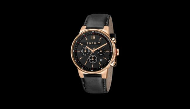 Esprit watch with a black dial and black leather strap against a black background