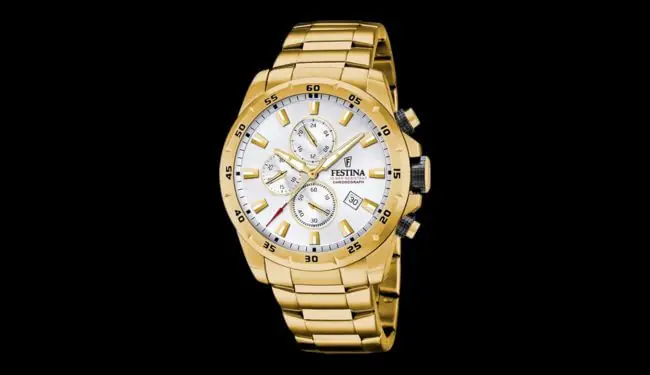Gold-tone Festina chronograph watch with a light dial on a metal bracelet against a black background