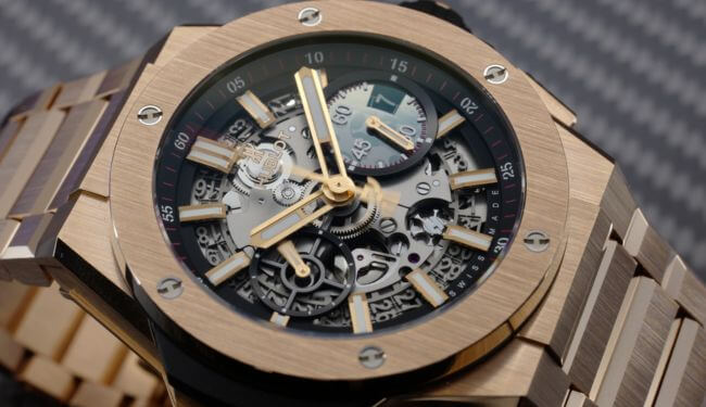 Hublot-style skeleton watch close-up with gold-toned case and visible movement – Hublot watch repair