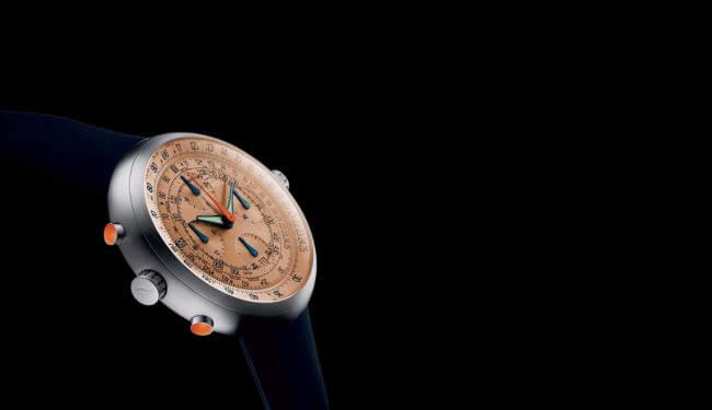 Ikepod-style watch side angle with tan dial and dark strap on black background – Ikepod watch repairs