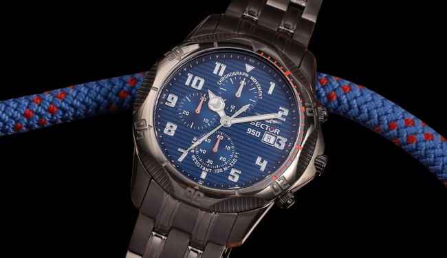 Sector watch repairs – blue dial Sector watch with dark bracelet on rope background