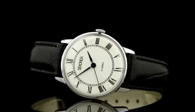 Sekonda watch repairs – white dial Sekonda watch with black leather strap