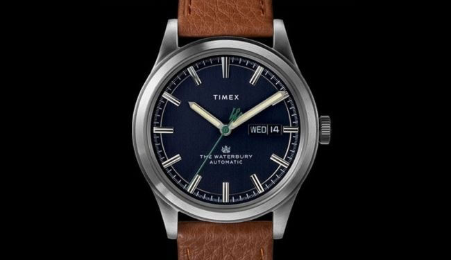 Timex watch repairs – close-up of a Timex watch with a dark blue dial and brown leather strap