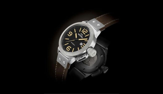 TW Steel watch on a leather strap against a dark background