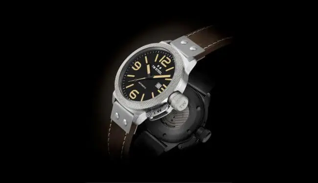 TW Steel watch on a leather strap against a dark background